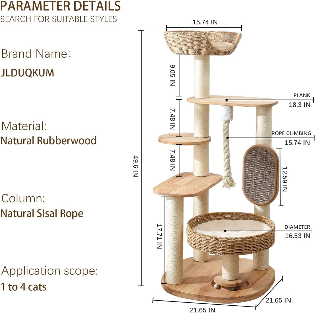 Wooden Cat Tree for Large Cat, 49.6-Inch Tall Cat Tower with Scratching Post for Indoor Cats
