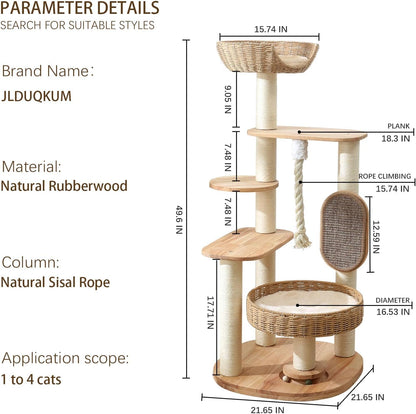 Wooden Cat Tree for Large Cat, 49.6-Inch Tall Cat Tower with Scratching Post for Indoor Cats