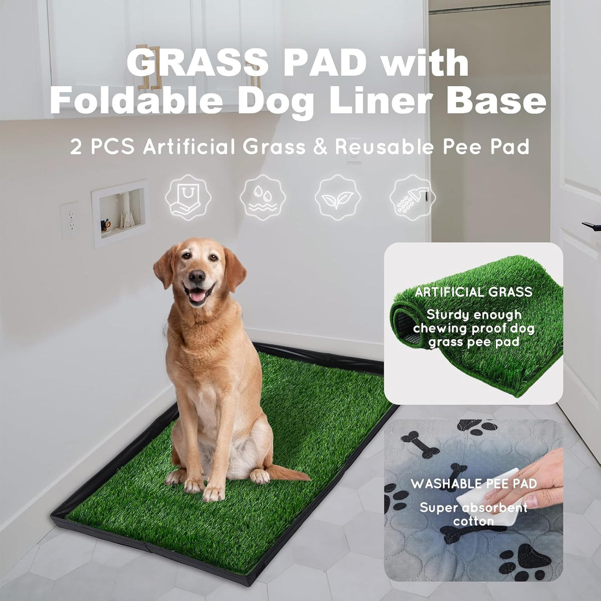Dog Grass Pad with Foldable Dog Litter Box,Small Liner Base for Balcony，Ultra-Absorbent Artificial