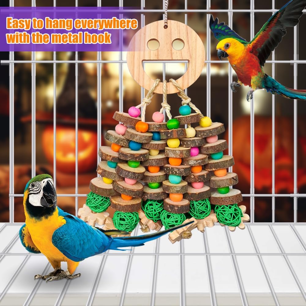 Large Parrot Toys, Multi-Color Wooden Block with Halloween Shape Bird Chewing Toy for Macaws