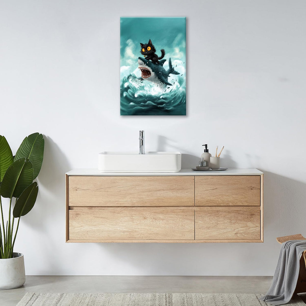 Funny Black Cat Bathroom Wall Art Cute Cat Riding Shark Canvas Wall Decor Animal Kitten Pictures