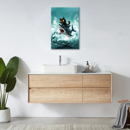 Funny Black Cat Bathroom Wall Art Cute Cat Riding Shark Canvas Wall Decor Animal Kitten Pictures