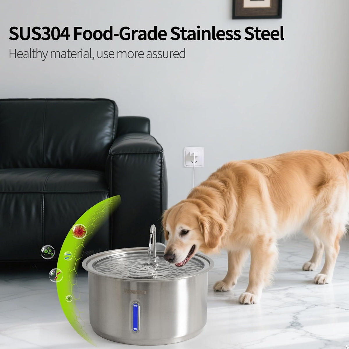 Large Dog Water Fountain, Petsamuse 11L/2.8Gal Automatic Circulating Stainless Steel Water Bowl