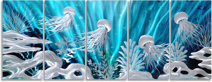 SYGALLERIER Jelly Fish Large Metal Wall Art Hand Grind Aluminum Artwork 3D Undersea World Coastal
