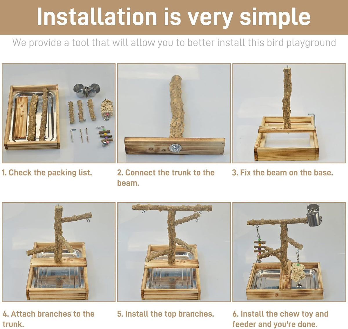Natural Wood Bird Toys Playground, Bird Cage Accessories, Bird Perches, with Removable Tray and 2