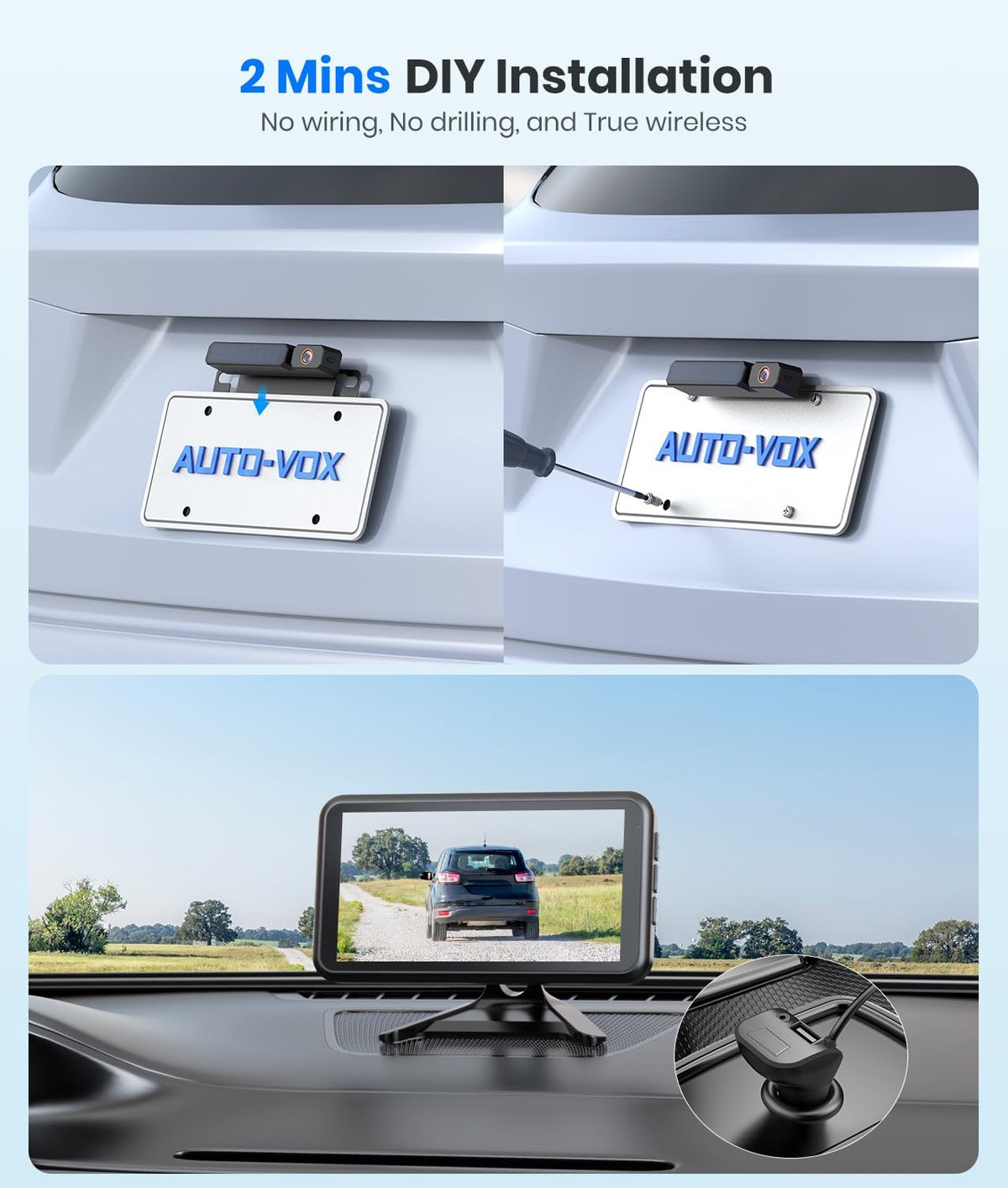 AUTO-VOX Solar Wireless Backup Camera with 5" 1080P Monitor: 5000mAh Battery 2 Mins DIY