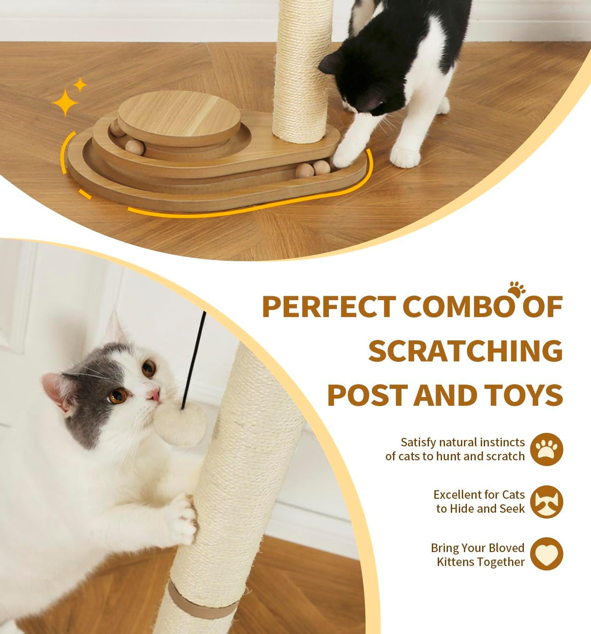 Made4Pets Cat Scratching Post Cat Scratcher Kitten Toys for Indoor Cats Wooden Ball Track Two-Layer