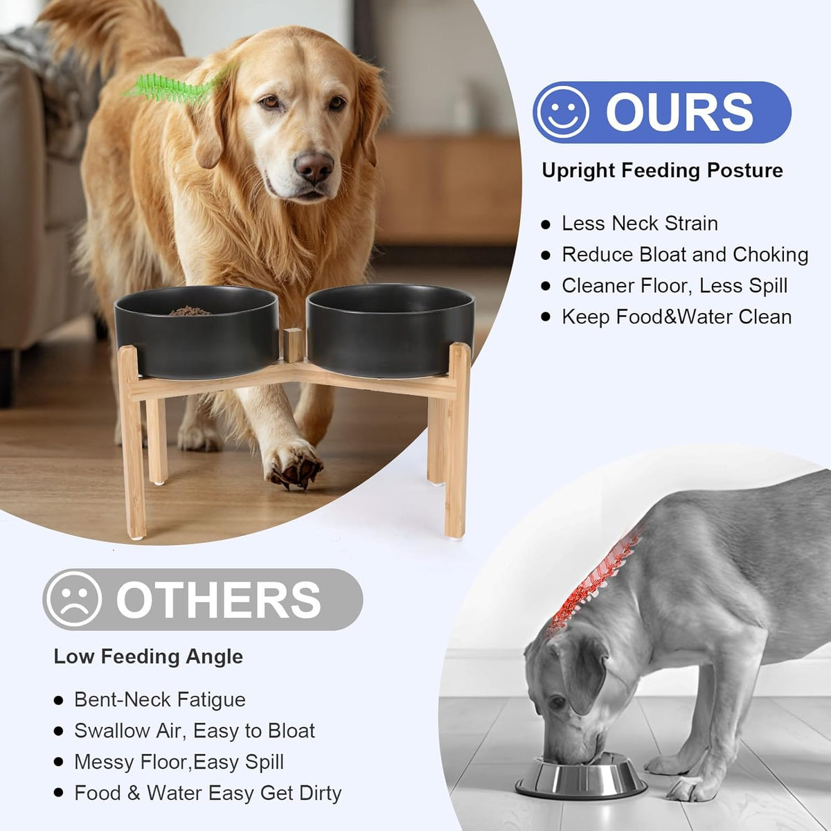 SPUNKYJUNKY Elevated Dog Bowls Ceramic, 8.3'' Dogs Food Water Bowls Raised with Non-Slip Bamboo