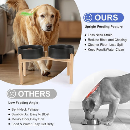 SPUNKYJUNKY Elevated Dog Bowls Ceramic, 8.3'' Dogs Food Water Bowls Raised with Non-Slip Bamboo