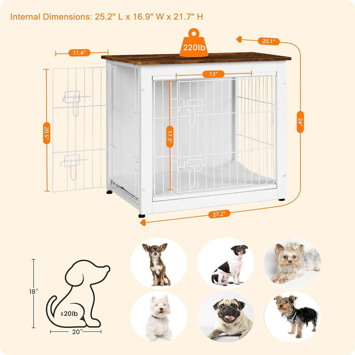 DWANTON Dog Crate Furniture with Cushion, Wooden Kennel Table with Double Doors, Indoor Dog House