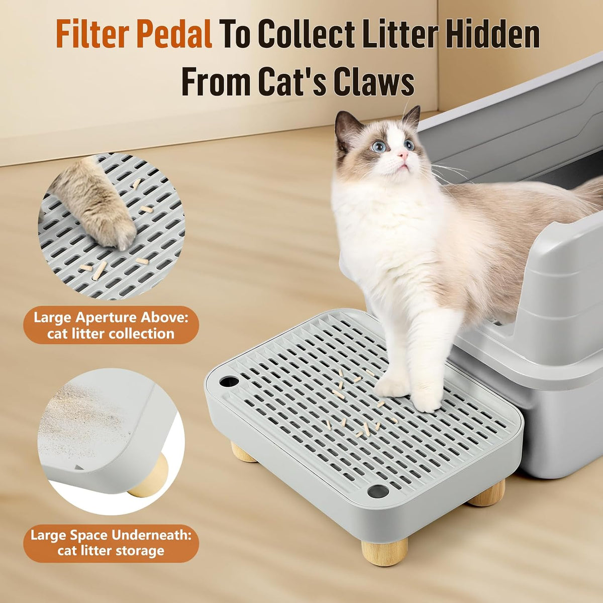 Cat Litter Box Step Ramp, Cat Litter Catcher Mat with Wooden Feet, Filter Function, Cat Pedal Stool
