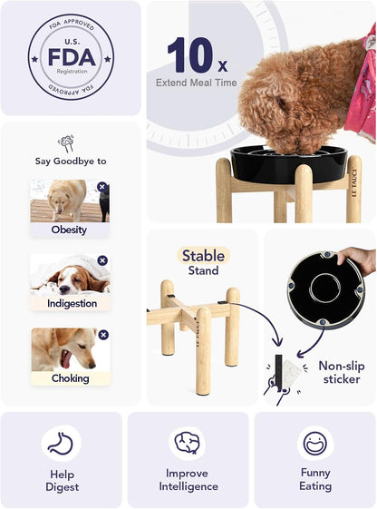 LE TAUCI Ceramic Slow Feeder Dog Bowls Elevated, 3 Cup Raised Bowl with Wooden Stand for Medium