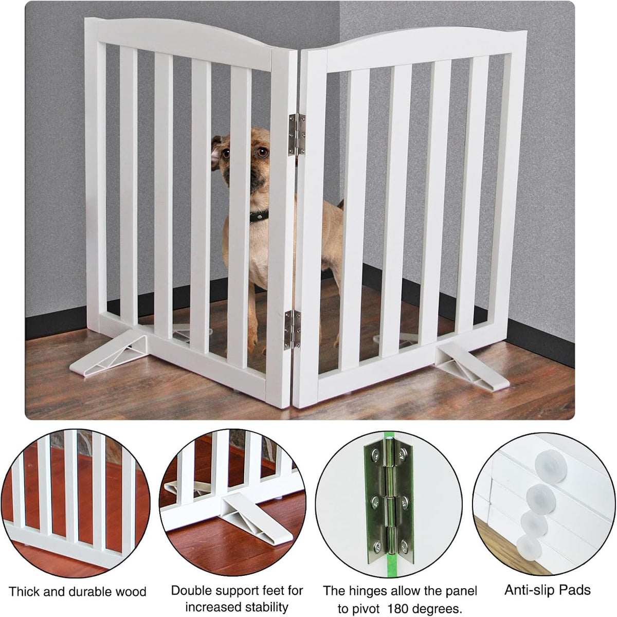 ZJSF Foldable Freestanding Indoor Dog Gate for House Wood White Long Pet Gates Dog Fence for Stairs