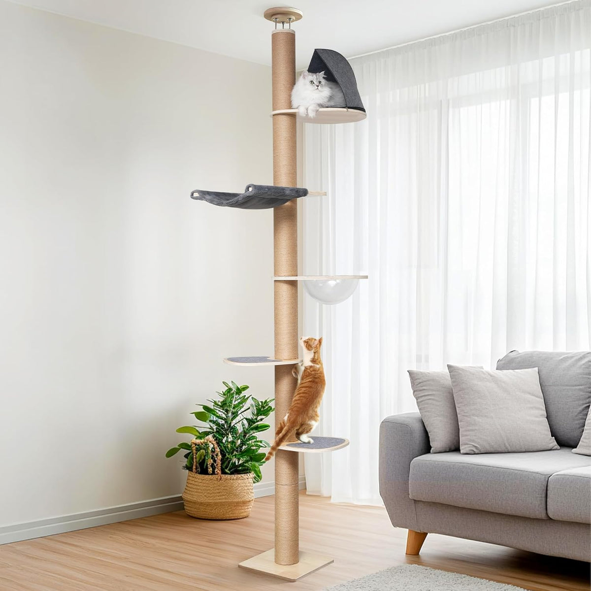 FUKUMARU Floor to Ceiling Cat Tree, 6 Level Adjustable Height (5.7-9.8 ft) Climbing Tower with