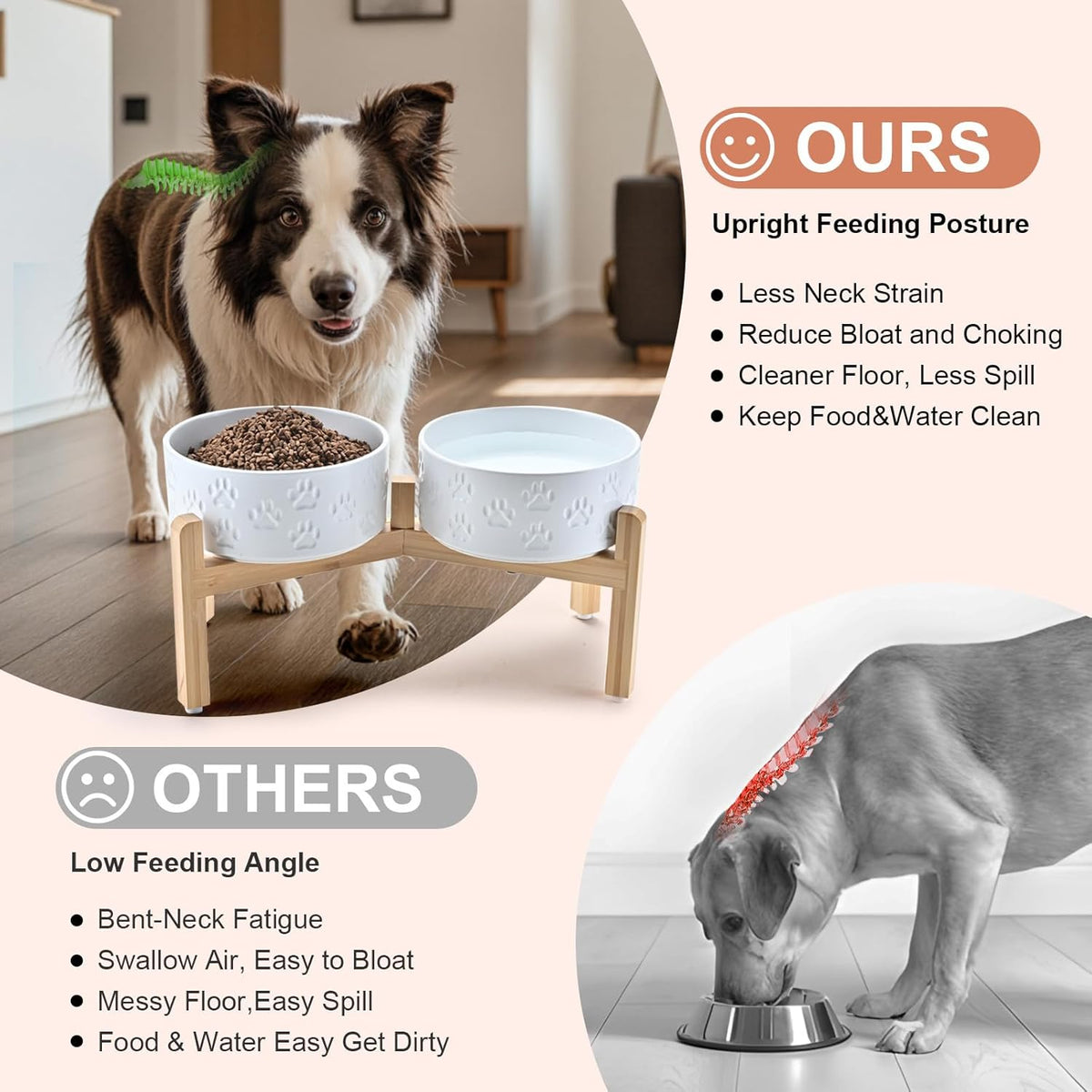 SPUNKYJUNKY Elevated Dog Bowls Ceramic, 7.3'' Dogs Food Water Bowls Raised with Non-Slip Bamboo