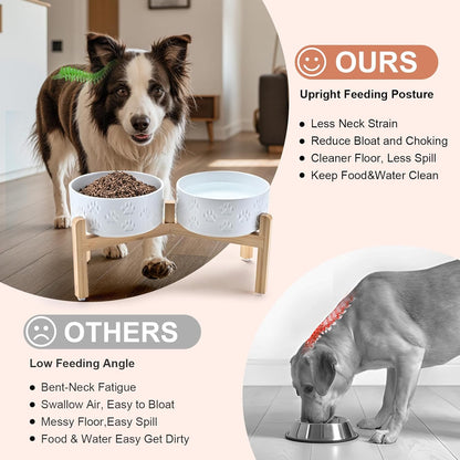 SPUNKYJUNKY Elevated Dog Bowls Ceramic, 7.3'' Dogs Food Water Bowls Raised with Non-Slip Bamboo