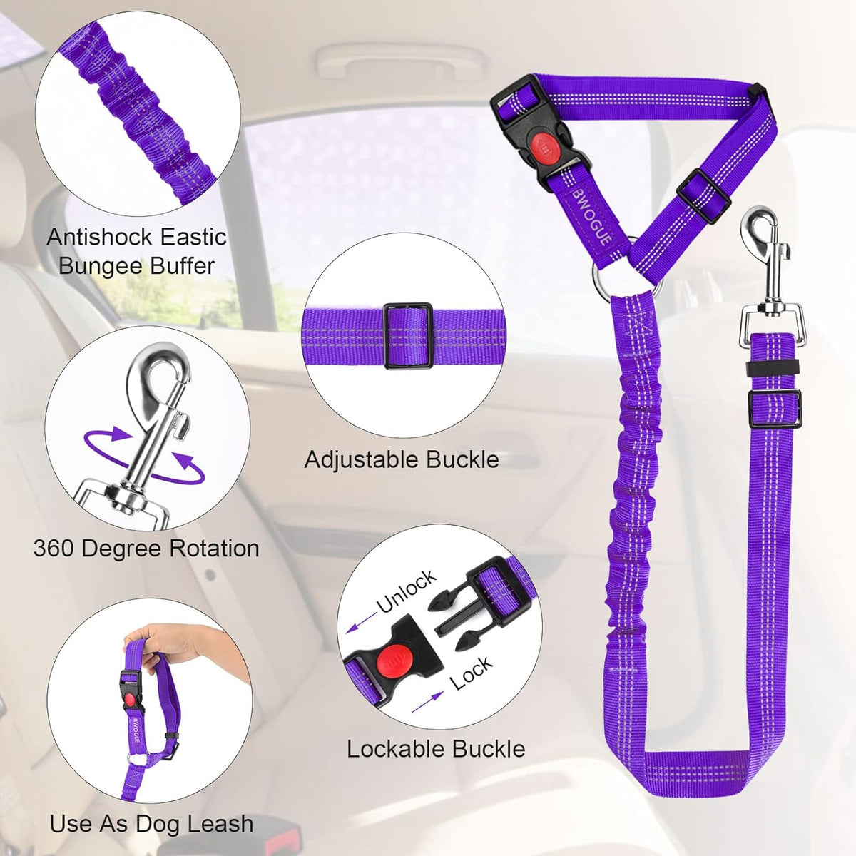 BWOGUE 2 Packs Dog Cat Safety Seat Belt Strap Car Headrest Restraint Adjustable Nylon Fabric Dog