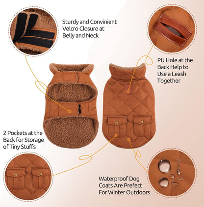 Queenmore Warm Puffer Dog Coat, Quilting Winter Jacket Ultra Thick Plush Lining with Storage