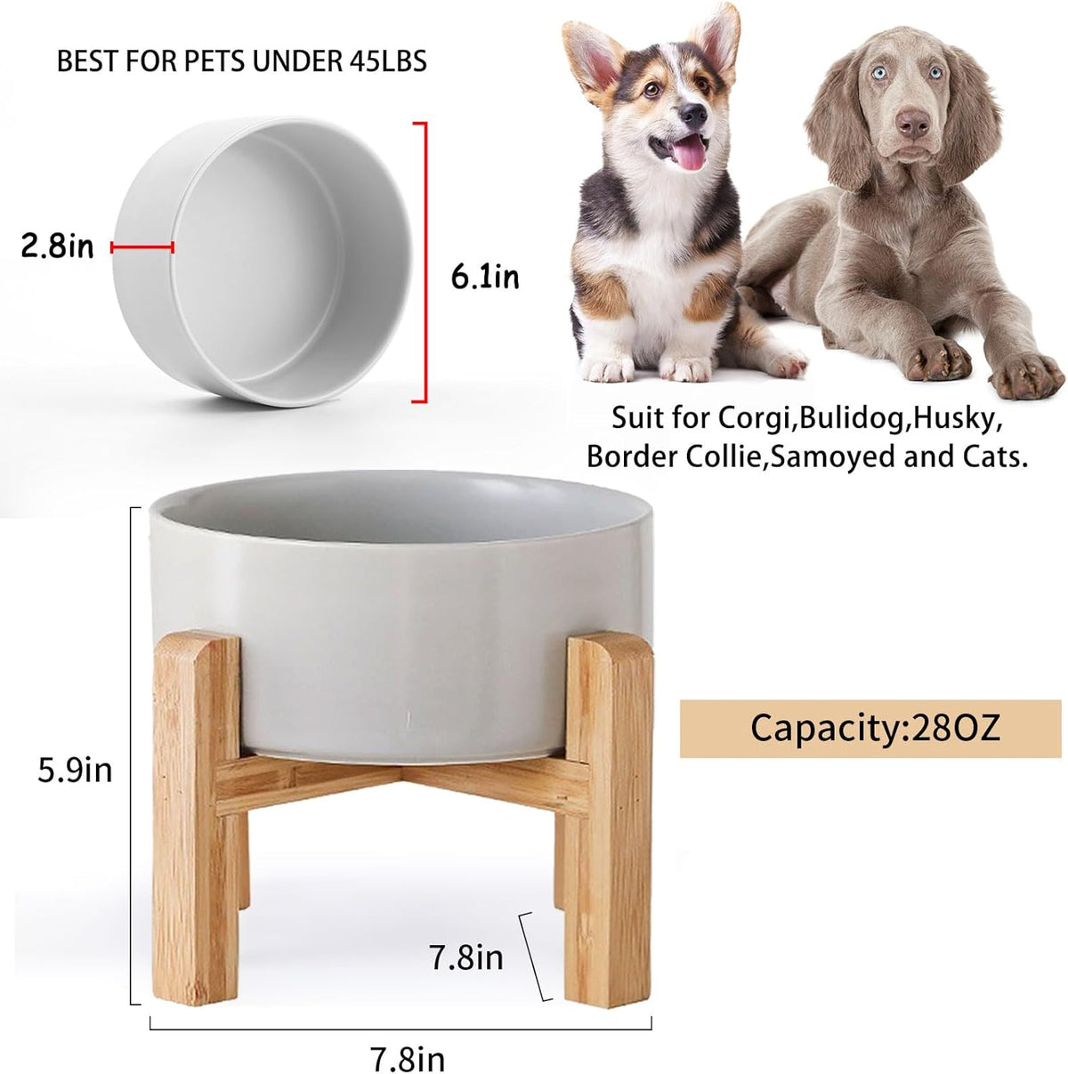 Petygooing 28 OZ Grey Elevated/Raised Ceramic Dog Bowl for Small and Medium Breeds, Dog Food Water