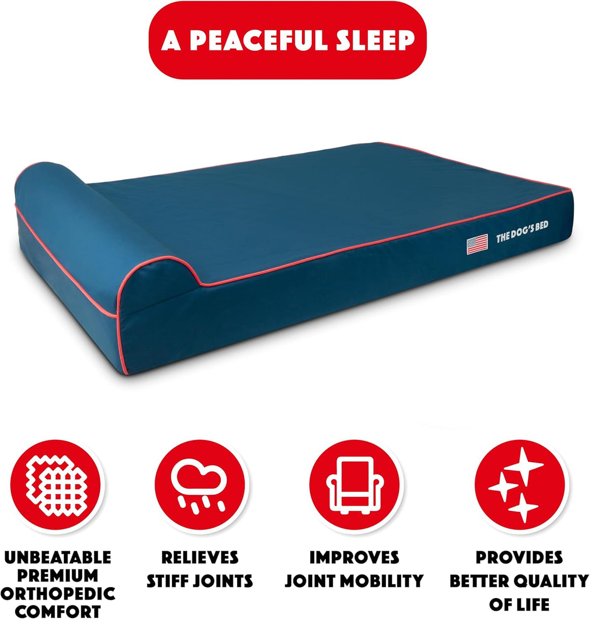The Dog’s Bed Orthopedic Headrest Dog Bed XXL Blue Oxford with Red Trim US Flag 54x36, Memory Foam