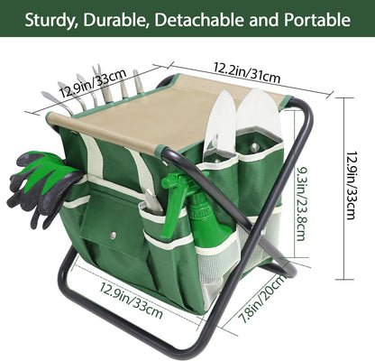Garden Tool Set, 10 Piece Kit with Heavy Duty Folding Stool, Detachable Storage Tote Bag, Stainless