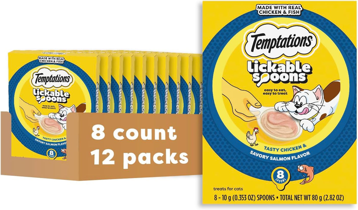 Temptations Lickable Spoons Adult Wet Cat Treat, Tasty Chicken and Savory Salmon Flavor, 8 Spoons