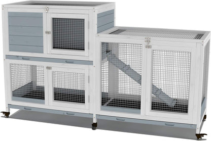 GDLF Two Floors 58" Wooden Indoor Bunny Hutch Rabbit Cage on Wheels Guinea Pig PET House for Small