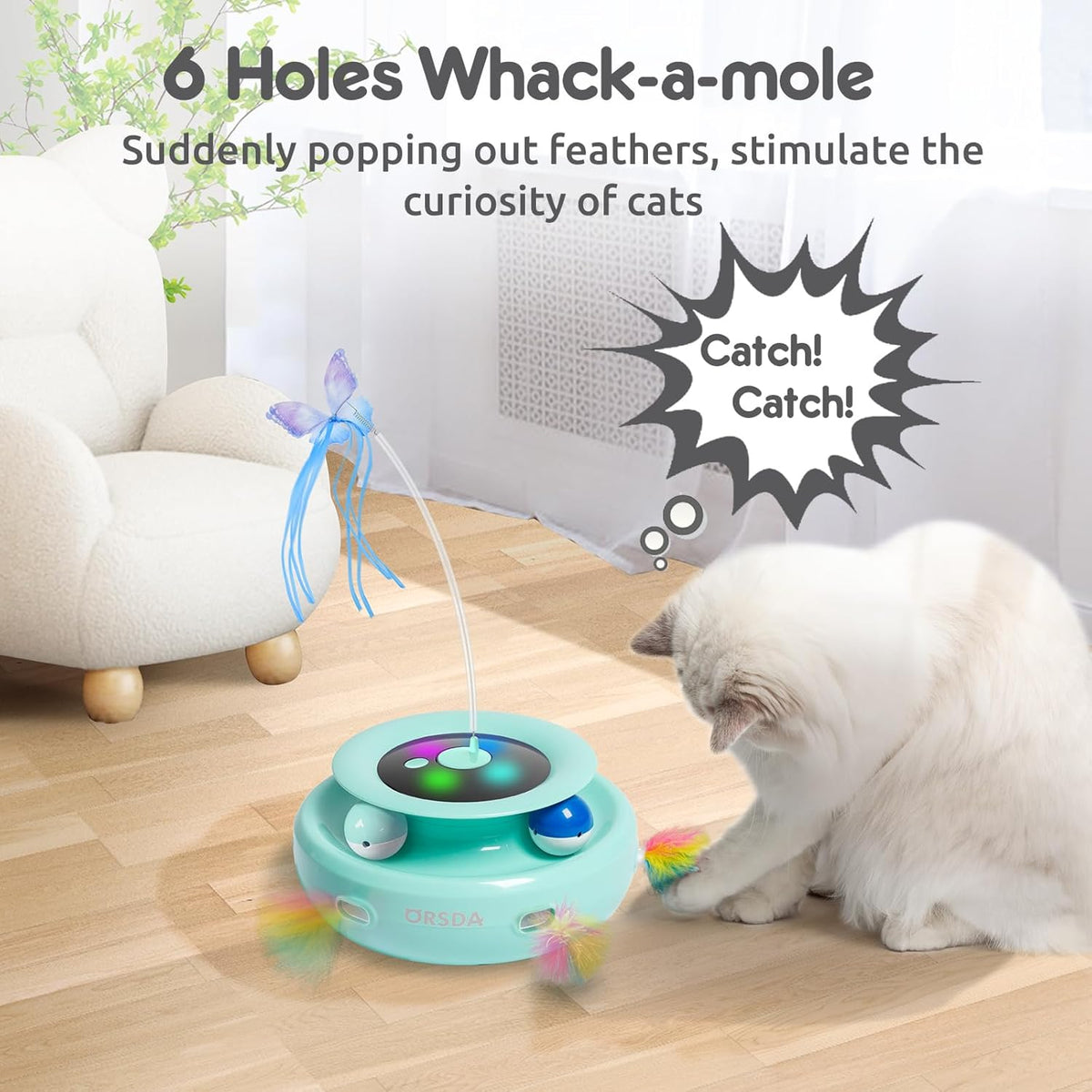 ORSDA Cat Toy, 3-in-1 Automatic Interactive Electronic Moving Ambush Feather, Fluttering Butterfly