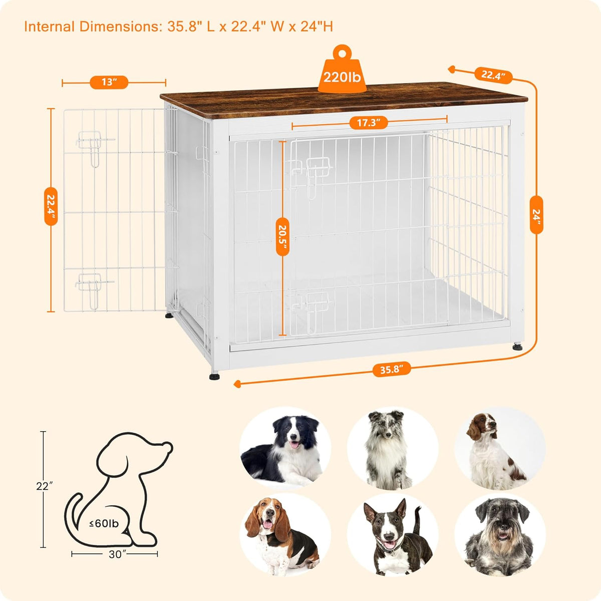DWANTON Dog Crate Furniture with Cushion, Wooden Kennel Table with Double Doors, Indoor Dog House
