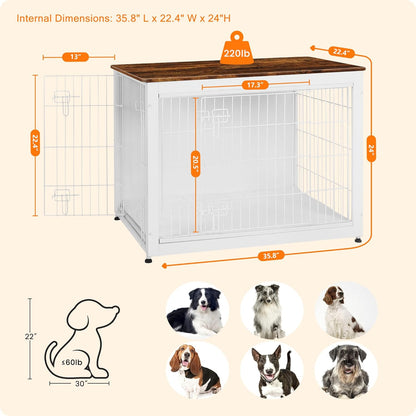 DWANTON Dog Crate Furniture with Cushion, Wooden Kennel Table with Double Doors, Indoor Dog House