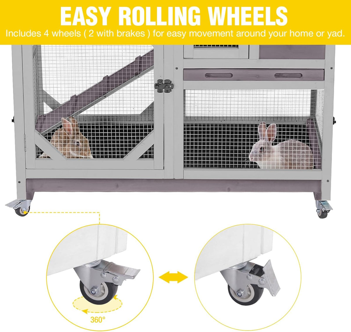 Aivituvin Rabbit Cage Indoor Outdoor Bunny Hutch on Wheels, 2 Story Wood Guinea Pig Cages with 2