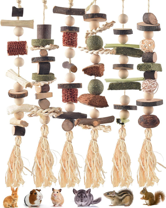 6PCS Bunny Chew Toys, Hamster Rabbit Cage Hanging Chew Toys, Natural Apple Wood Bunnies Treats