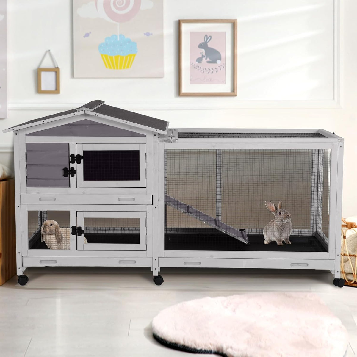 2-Story Indoor Rabbit Hutch with Chew-Proof Outdoor Rabbit Cage with 6 Locking Casters Bunny Cage 2