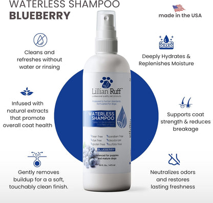 Lillian Ruff Waterless No-Rinse Dog Dry Shampoo Spray with Hydrating Essential Oils - pH-Balanced