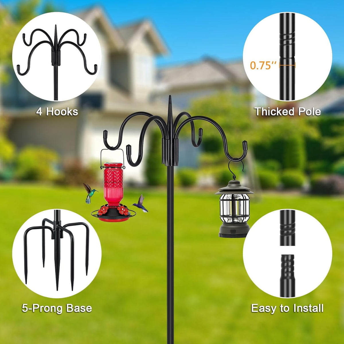 FEED GARDEN [Upgrade Version 92 Inch Four Shepherd Hooks for Outdoor,Bird Feeder Pole with 5 Prong
