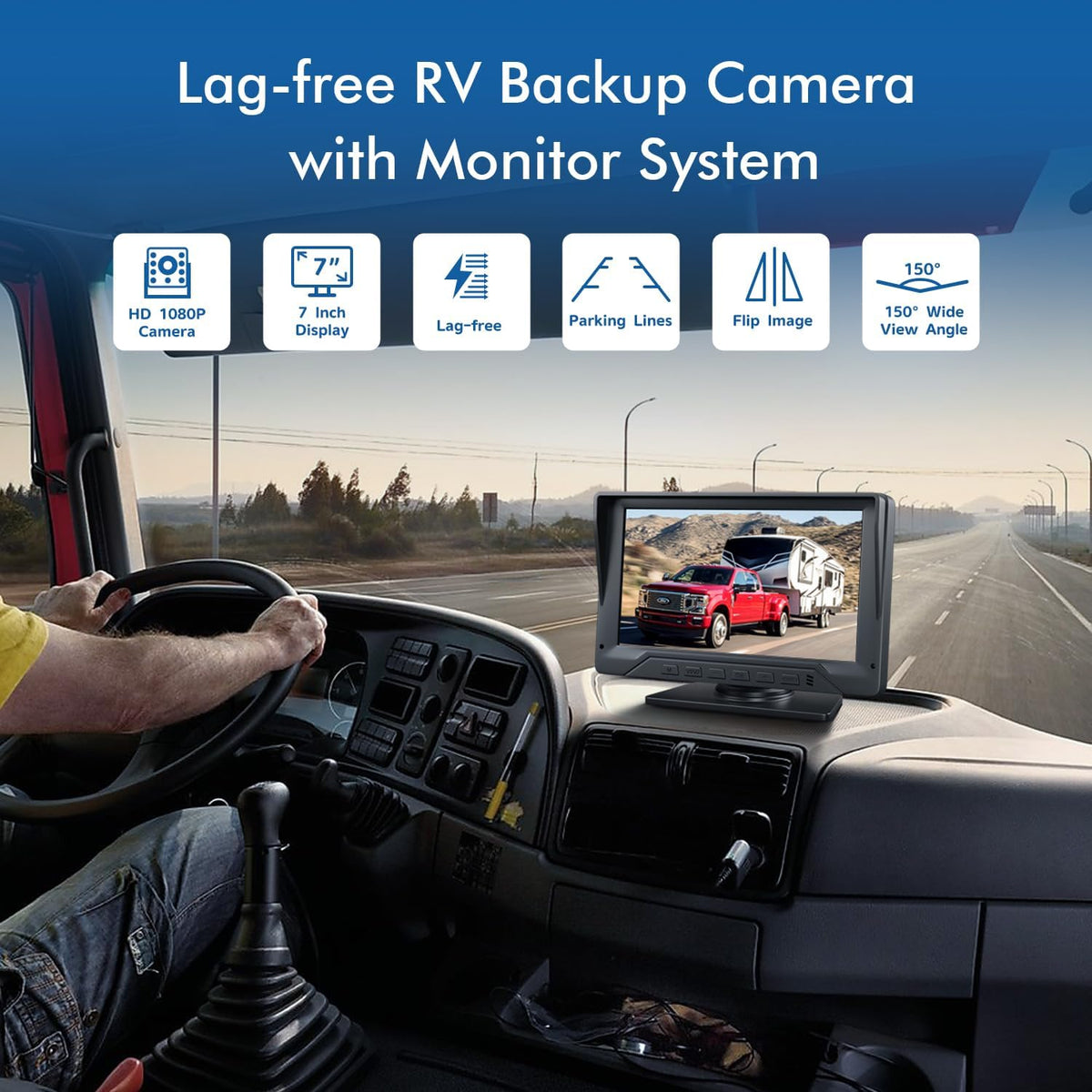 Dual RV Backup Camera Plug and Play, 7'' Backup Camera for Truck Trailer, No Delay, 1080P HD, 2