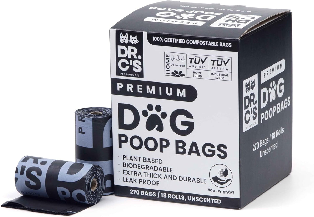 100% Certified Compostable Dog Poop Bags - Dr. C's Premium Dog Poop Bags - 270 Bags / 18 Rolls