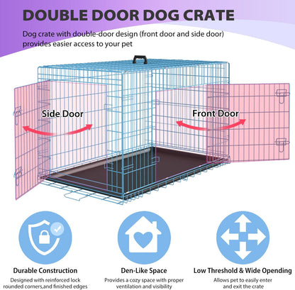 BestPet | Dog Crate | 30" | Blue | Foldable Metal Kennel with Double Doors, Secure Slide-Bolt