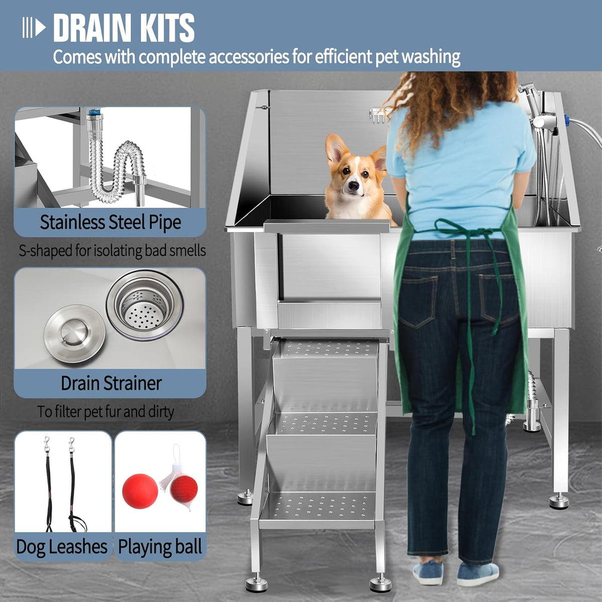 38" Pet Dog Bathing Station W/Ramp, Professional Stainless Steel Dog Grooming Tub W/Soap Box