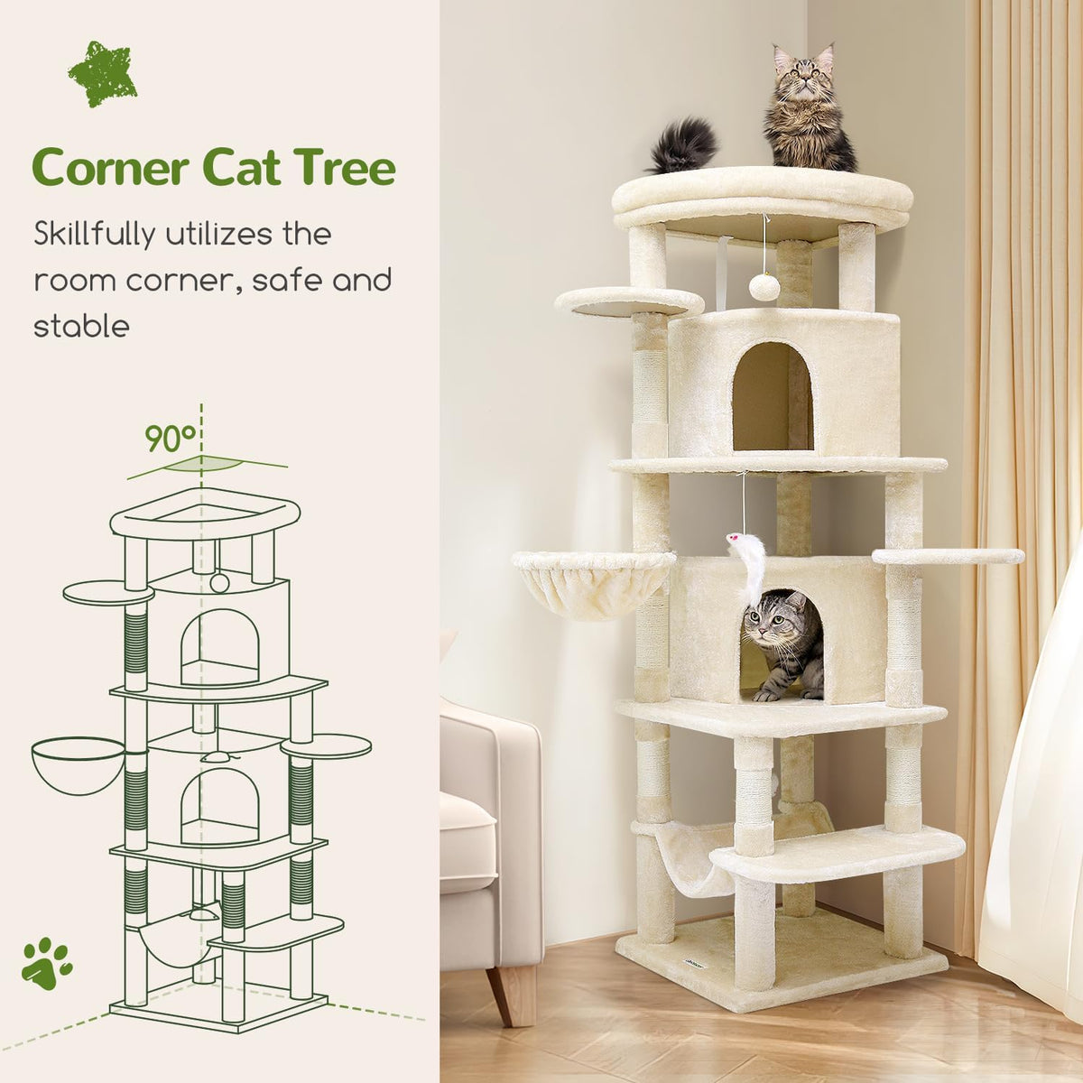 Globlazer Corner Cat Tree for Large Cats, 66inch Tall Curved Series Large Cat Tower for Multiple