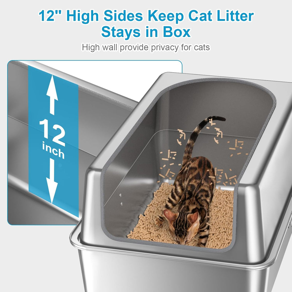 12'' High Sides XL All Stainless Steel Cat Litter Box with Lid,Deep Metal Litter Box for Big