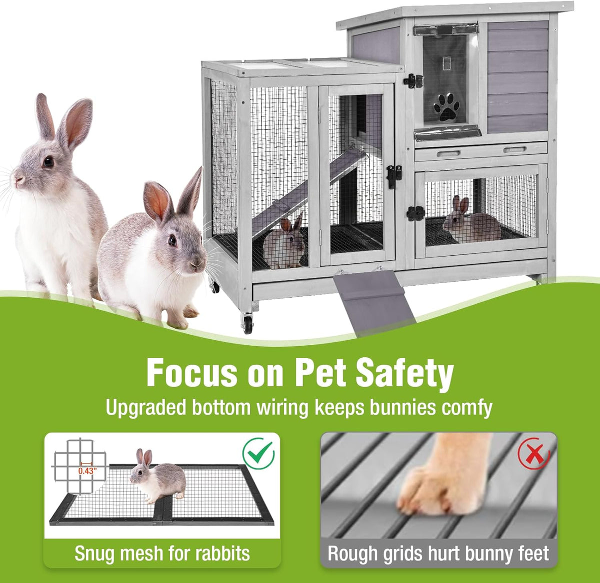 GUTINNEEN Indoor Rabbit Hutch Guinea Pig Cages with Chew-Proof Ramp, 2-Story Wooden Bunny House