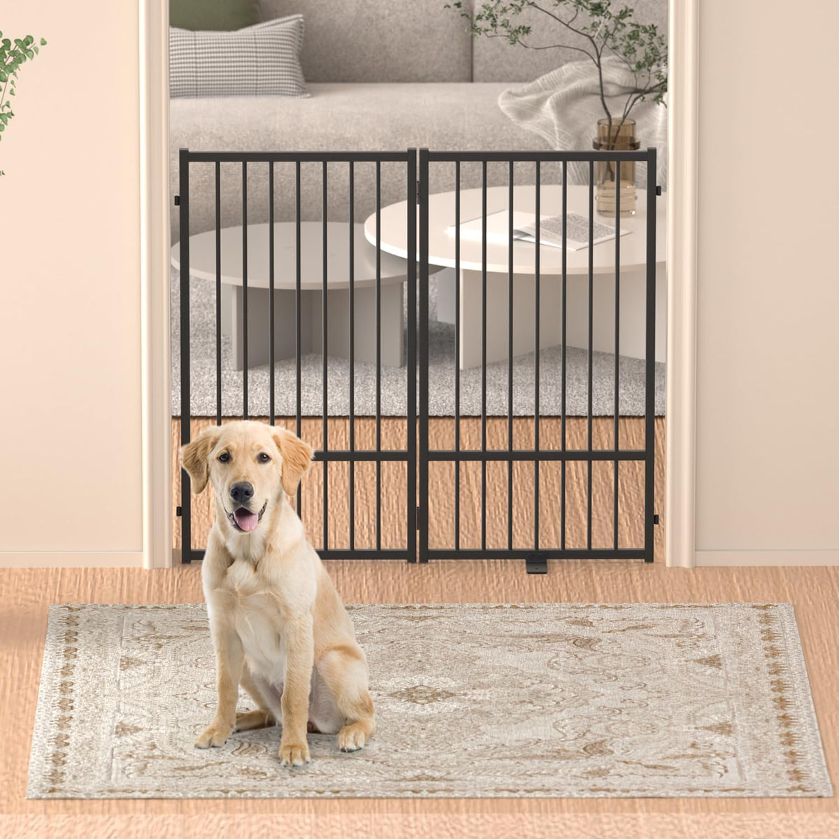 Full Metal Freestanding Dog Gate with Door, 36''Height Foldable Pet Dog Fence for Indoor & Outdoor
