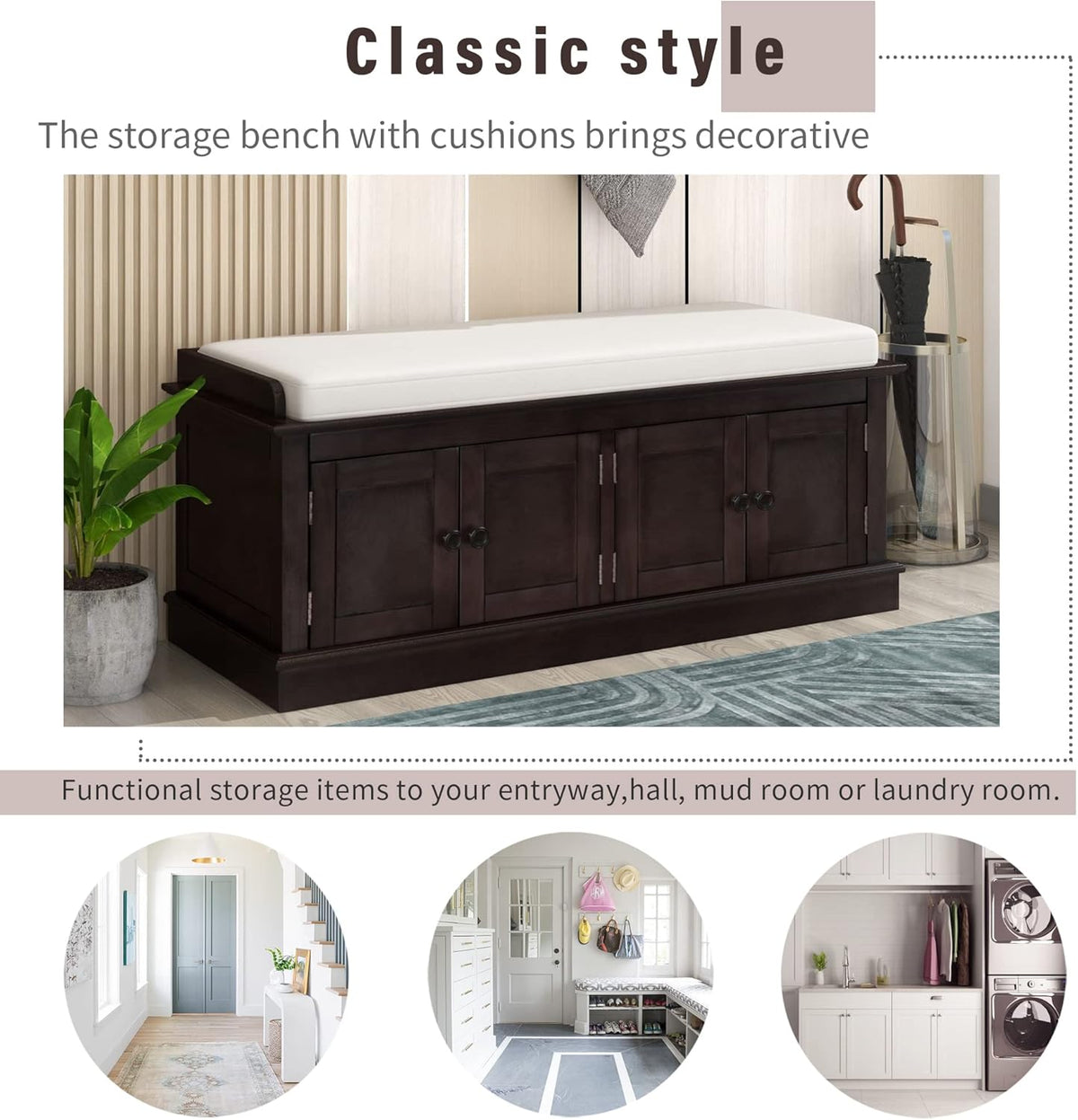 Shoe Storage Bench with 4 Doors and Adjustable Shelves, Shoe Bench with Removable Cushion for