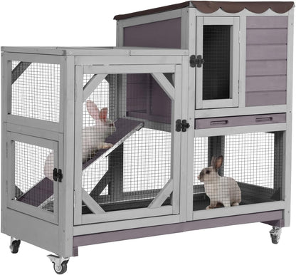 Aivituvin Rabbit Cage Indoor Outdoor Bunny Hutch on Wheels, 2 Story Wood Guinea Pig Cages with 2