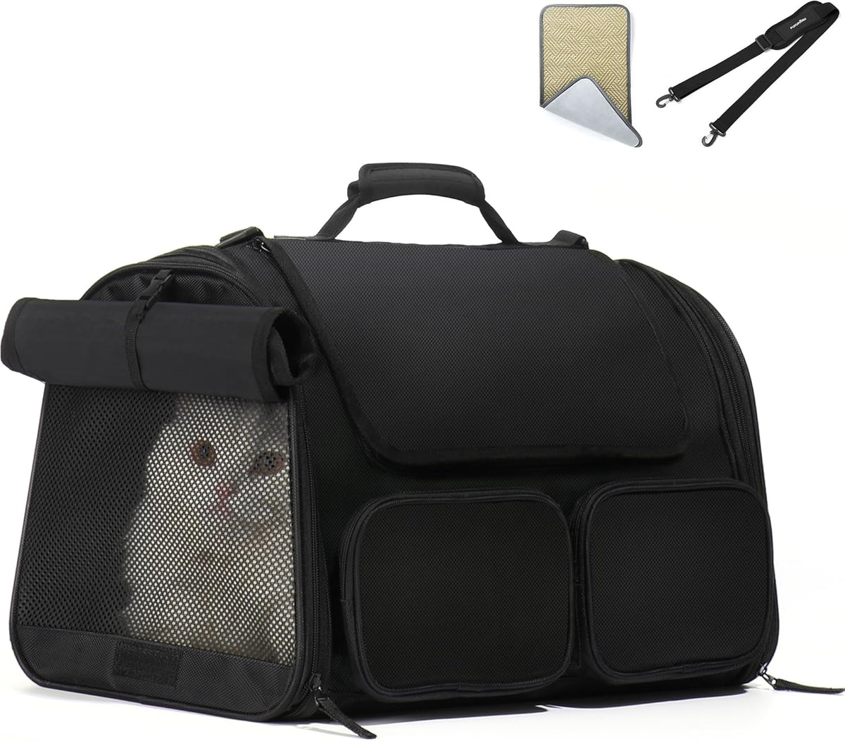 FUKUMARU Cat Carrier, 4 Mesh Windows Small Dog Carrier, 4 Storage Pockets Cat Travel Bag, Under 15