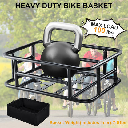 Bike Basket Rear with Liner,Waterproof Cover,Cargo Net Large Rear Bike Basket,Heavy Duty Bicycle