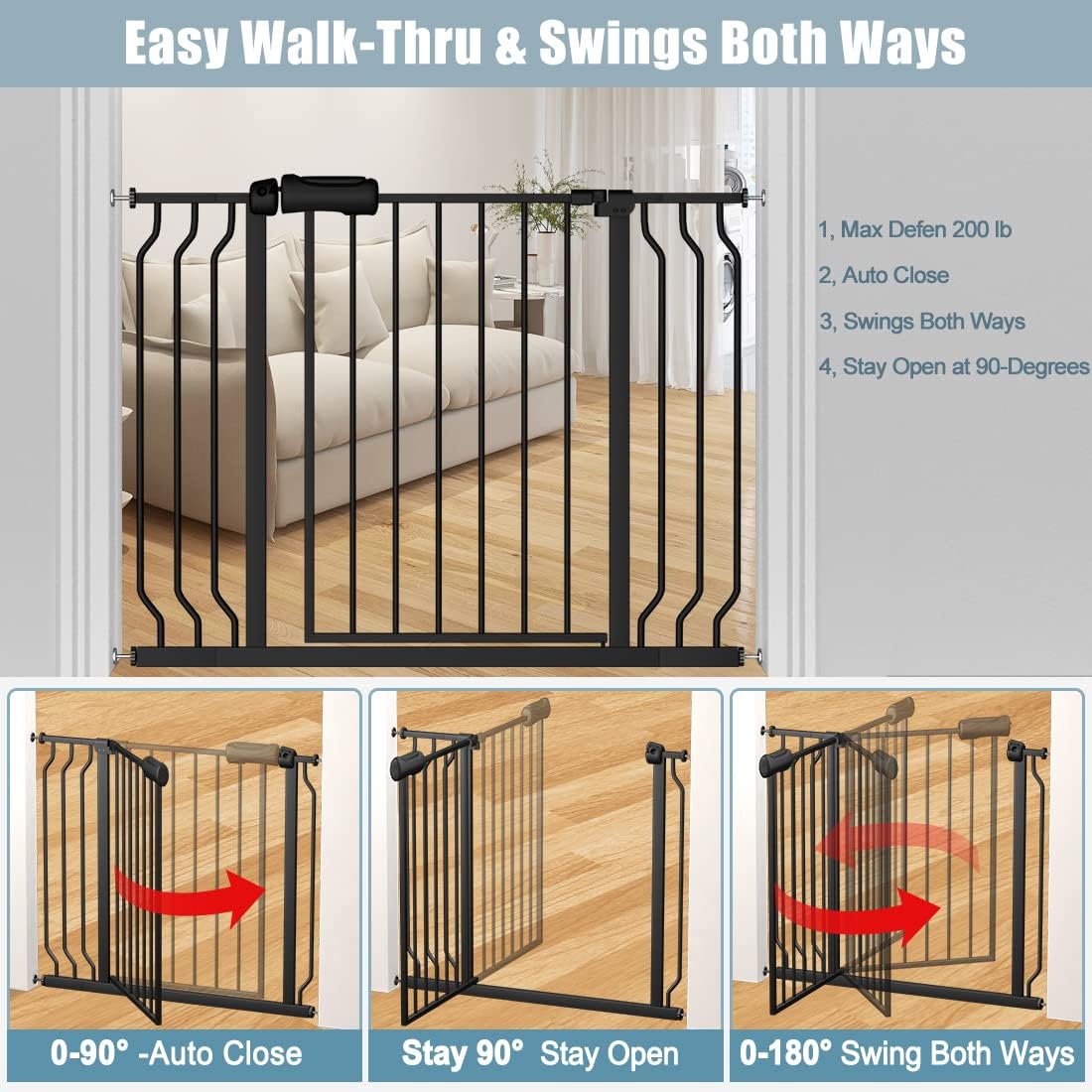 Extra Wide Baby Gate 57.5-62 Inch Black Walk THR Dog Gates Doorways House No Drill Pressure Mounted
