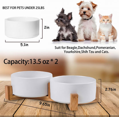 Petygooing Dog Bowls,White Ceramic Cat Dog Bowl Set with Wood Stand for Food and Water Feeder