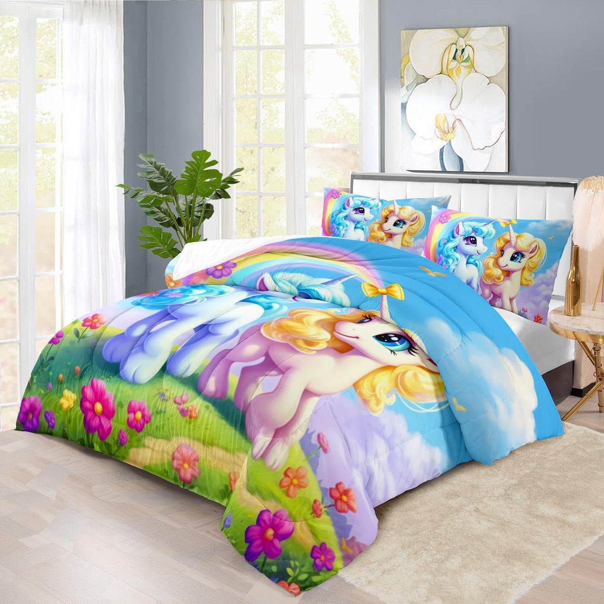 Unicorn Comforter Set Queen,Kawaii Unicorn Bedding Set Queen Kids,Rainbow Comforter Blue Bedroom